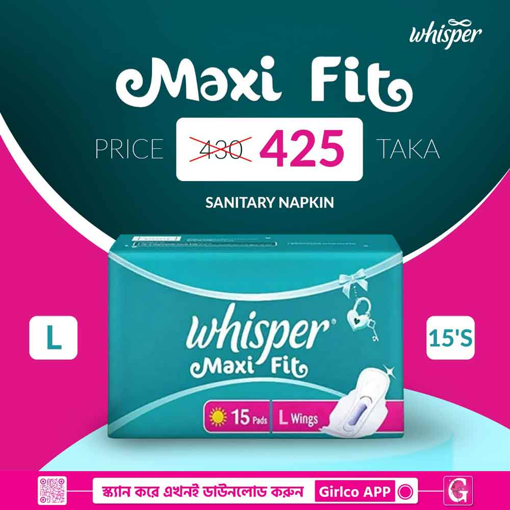 Whisper Maxi Fit Wings Sanitary Pads for Women - Large (15pcs)